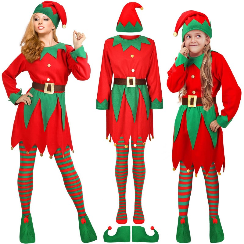 Elf Costume Christmas - ชุดคอสตูมคริสต์มาสสำหรับผู้ใหญ่ ชุดคอสตูมคริสต์มาสสำหรับเด็ก ชุดเอลฟ์คริสต์มาส สีแดงและเขียว ชุดคอสเพลย์