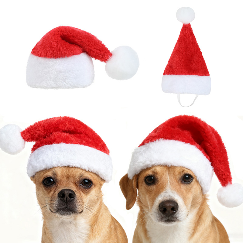 Santa Hat Plush - หมวกซานต้าสำหรับสัตว์เลี้ยงในวันคริสต์มาส หมวกขนนุ่มสีแดงสำหรับสุนัขและแมว อุปกรณ์แต่งกายสำหรับงานปาร์ตี้คริสต์มาส ของตกแต่งเทศกาล