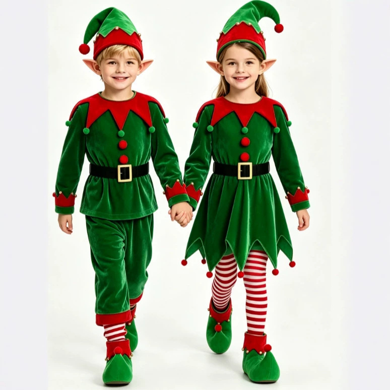 Elf Costume Christmas - ชุดแฟนซีคริสต์มาสสำหรับเด็กชายและเด็กหญิง ชุดเอลฟ์คริสต์มาส ชุดแฟนซีกำมะหยี่ 2026 อุปกรณ์ประกอบฉากปาร์ตี้คริสต์มาสเอลฟ์สุดฮา
