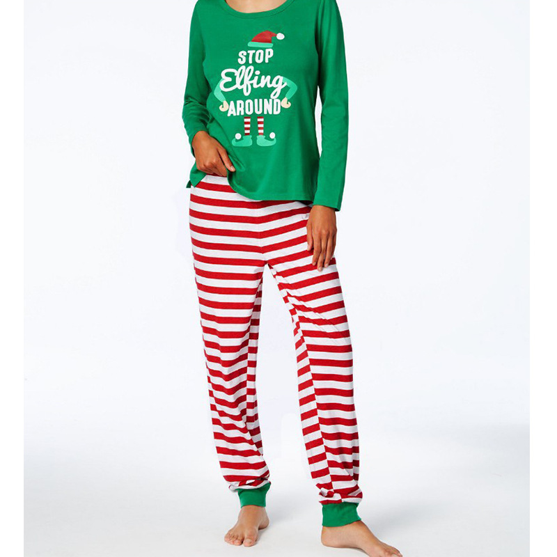 Elf Costume Christmas - ชุดนอนคู่รักสำหรับคริสต์มาส ลายเอลฟ์ตลกสำหรับผู้หญิงและผู้ชาย เสื้อสีเขียว กางเกงลายทางสีแดงขาว แขนยาว ชุดนอน
