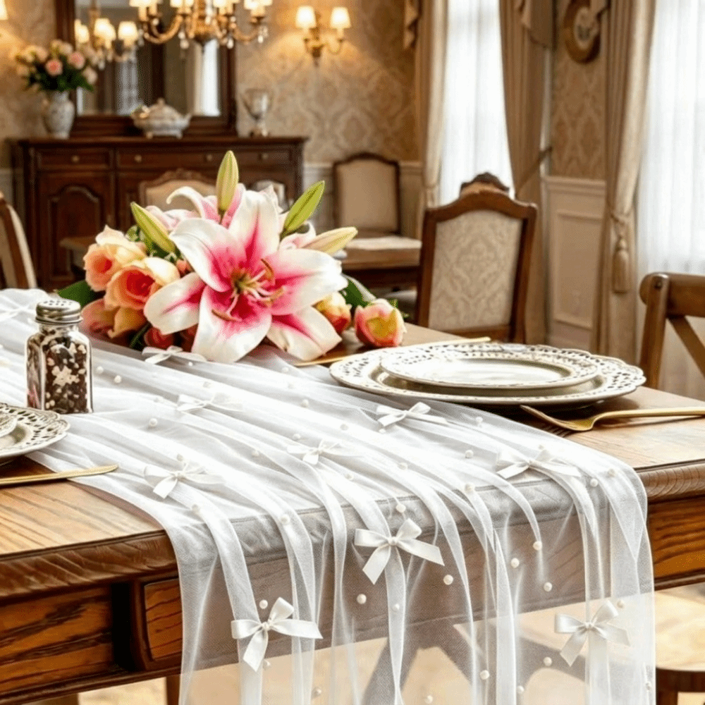 ผ้าปูโต๊ะชีฟองประดับโบว์มุก โร - Christmas Table Runner บทวิจารณ์และราคา