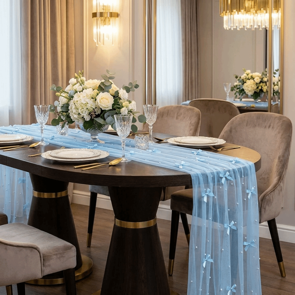 ผ้าปูโต๊ะชีฟองประดับโบว์มุก โร - Christmas Table Runner บทวิจารณ์และราคา
